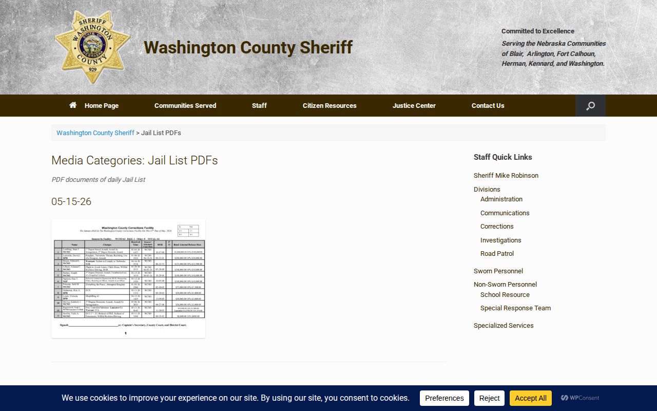 Burt County current custody research through Washington County daily jail record archive