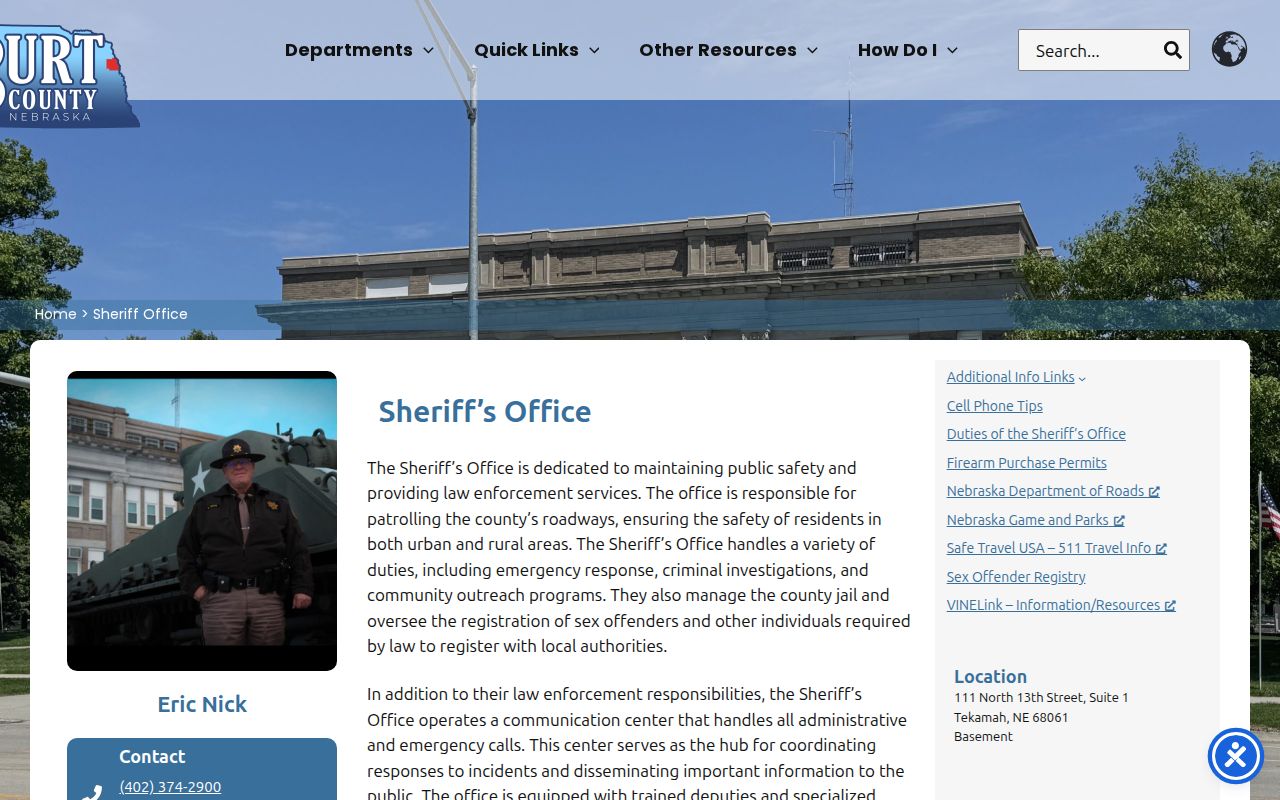Burt County Sheriff official contact page for warrant verification