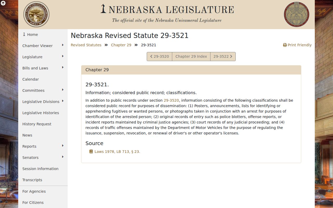 Nebraska statute page on public arrest photographs and wanted announcements