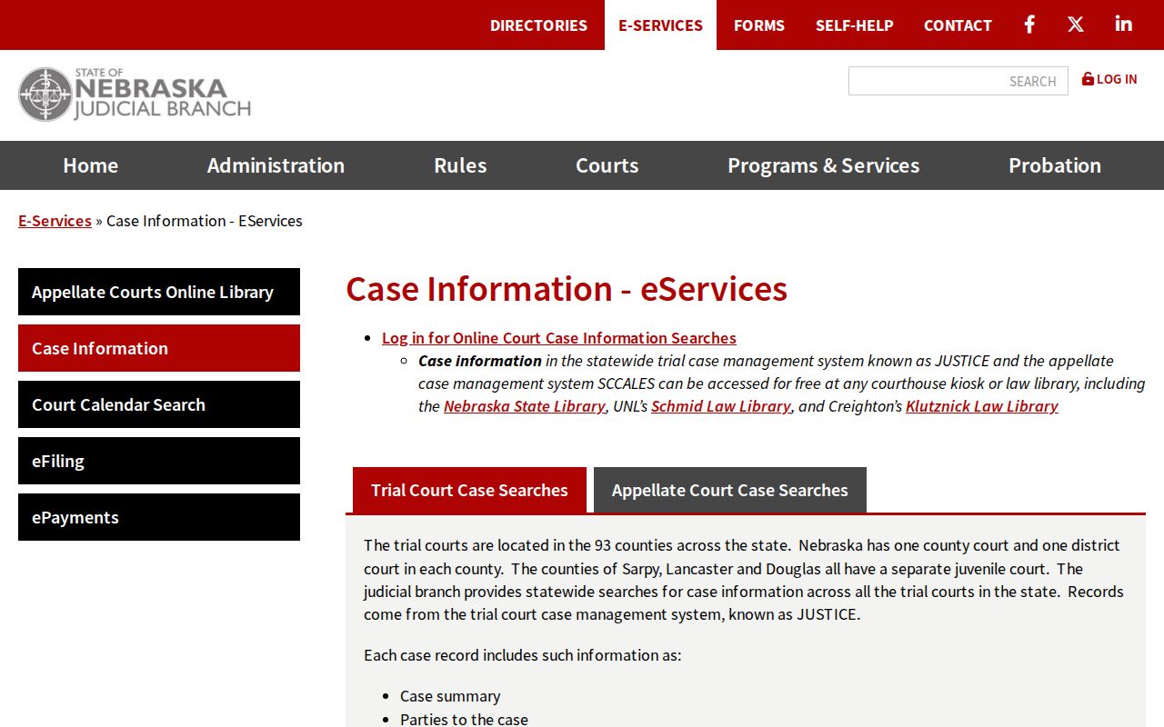 Nebraska JUSTICE case information search page